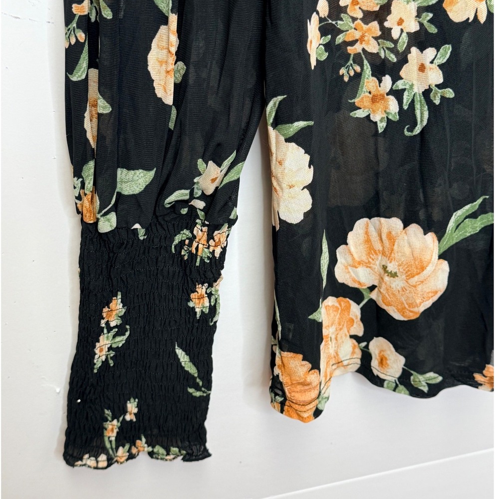 Ember Floral Mesh Blouse XL Black Orange Smocked Cuff Boho Whimsigoth Office Y2K - Picture 5 of 11